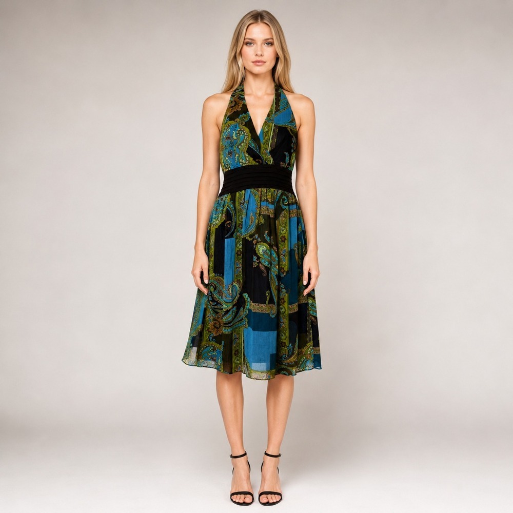 Bahari Paisley Halter Dress Y2K Resort Coastal Fairycore Chic Sedona Size 10